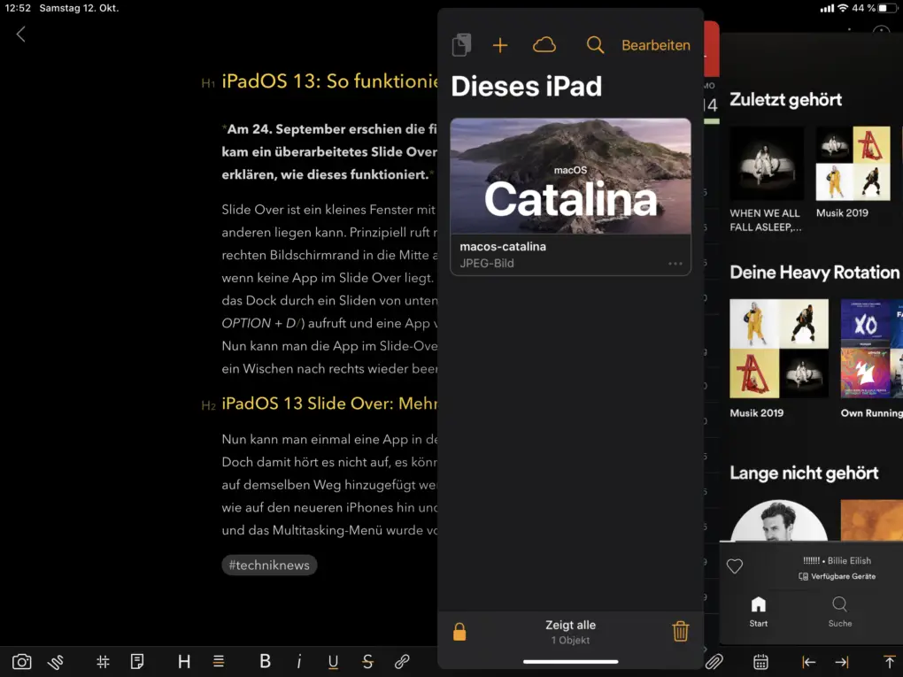 iPadOS 13 Slide Over Mehrere Apps