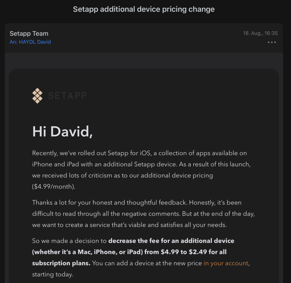 Setapp price change email