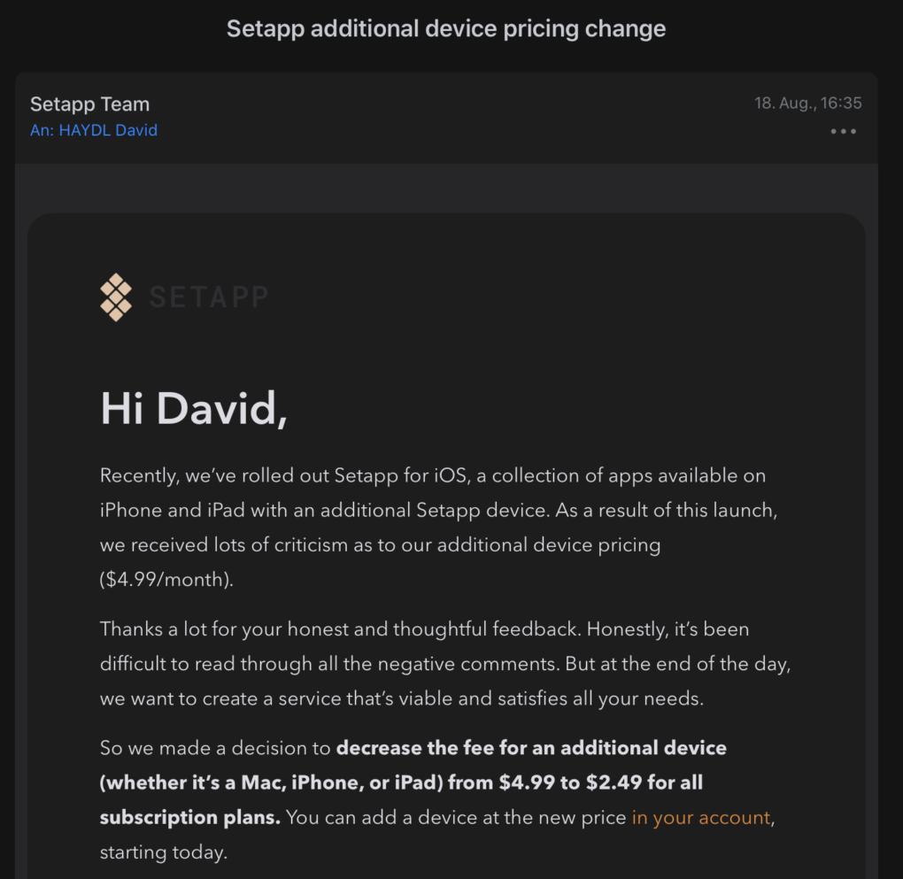Setapp Preisänderung Email