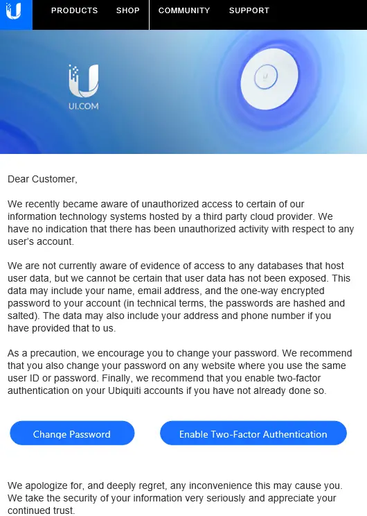 Ubiquiti Account-Hack E-Mail