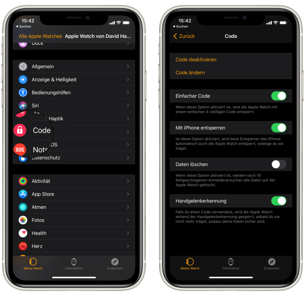 iPhone mit Apple Watch entsperren Trageerkennung
