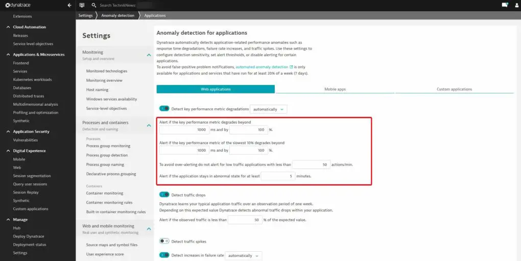 Dynatrace anomaly detection settings