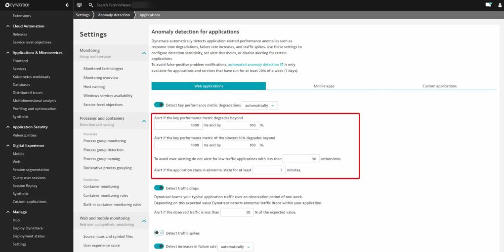 Dynatrace Anomaly Detection Einstellungen