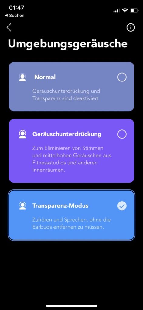 Soundcore App Geräuschmodi