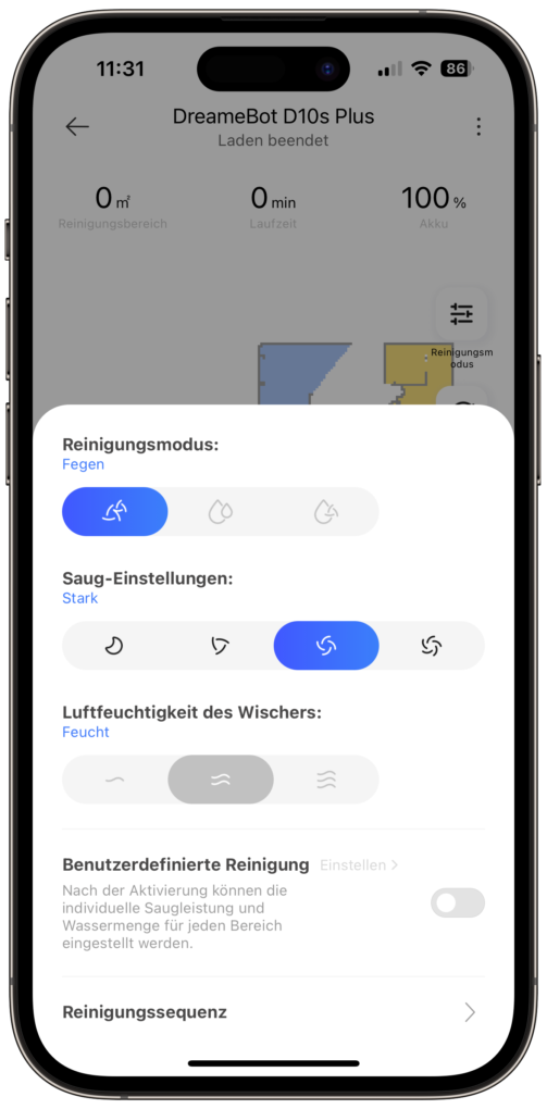 Dreame D10s Plus Reinigungseinstellungen