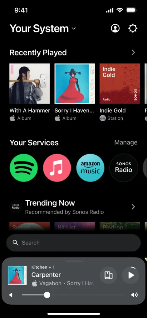 Sonos app home screen