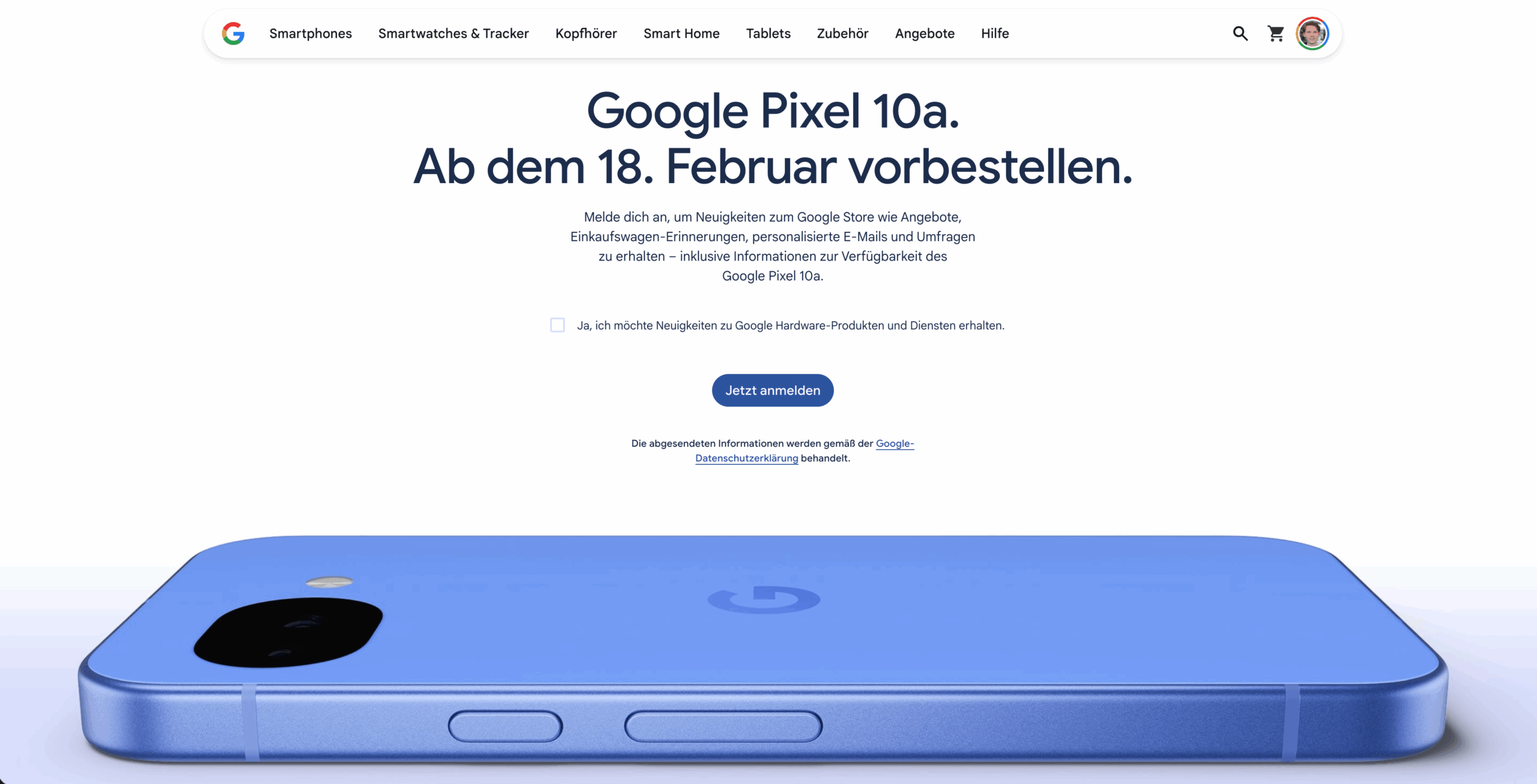 Das Google Pixel 10a in Blau