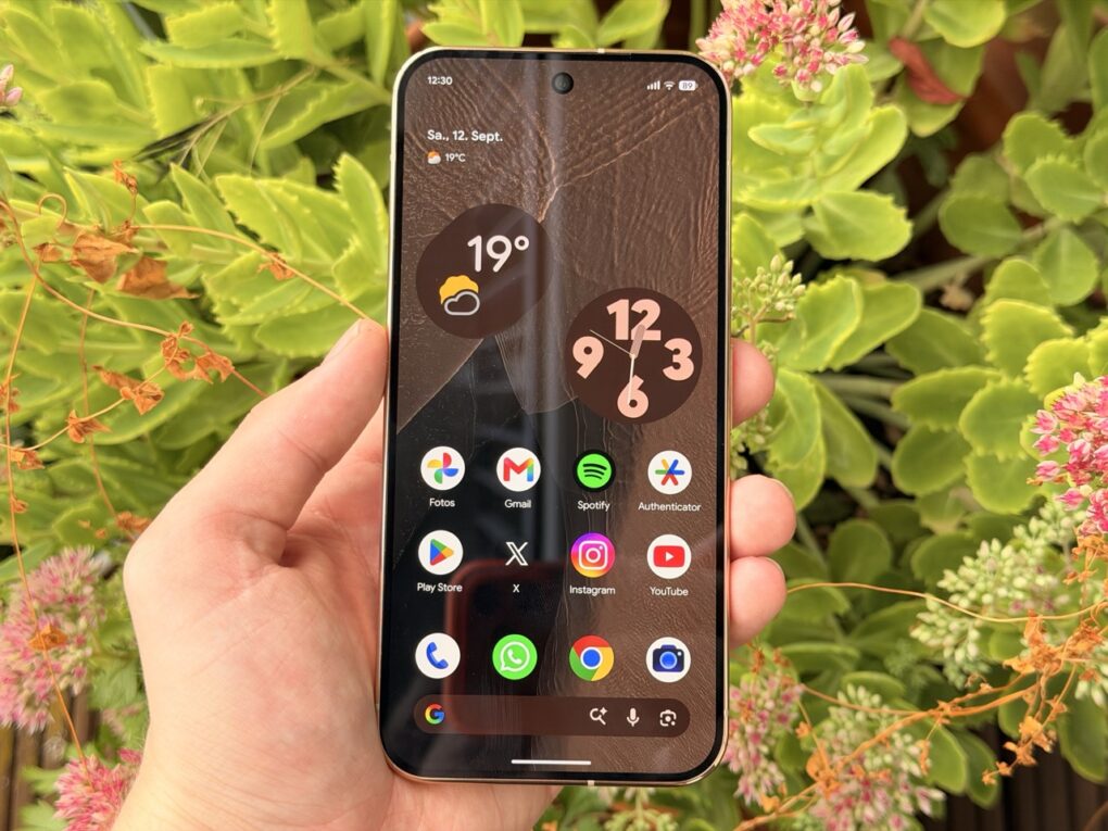 Das Pixel 11 Pro XL vor einer Pflanze mit angeschaltetem Bildschirm 