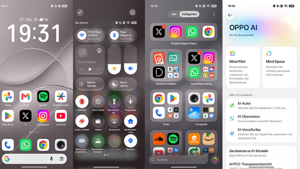 Vier Screenshots aus ColorOS 17